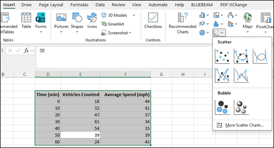 Excel Insert menu with Scatter chart selected